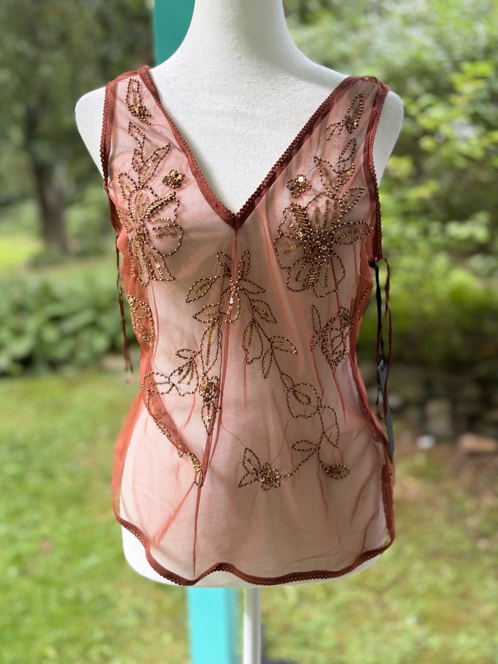 NWT: Rachel Zoe Boho Glam Beaded Bronze Gold Sheer Tank Top Size S